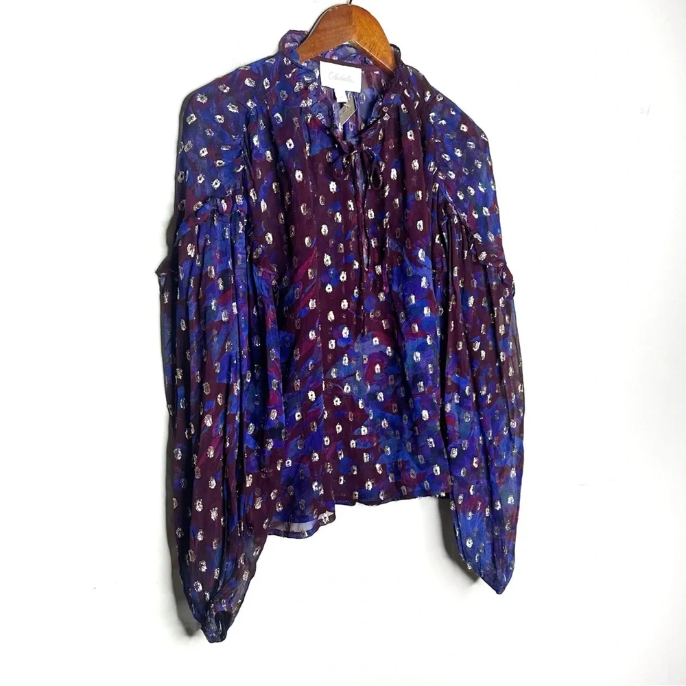 Evereve Purple Floral Sheer Tie-Neck Blouse - Picture 6 of 12